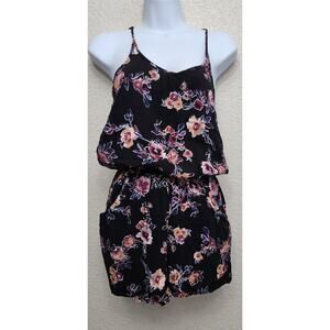 Pink Rose Black Pink Floral Spaghetti Straps Racerback Romper Small Flowy Soft